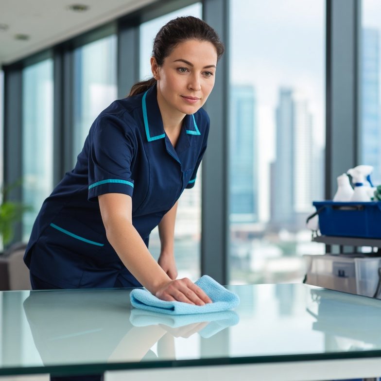A Nygon cleaner wiping a glass table in a bright modern office