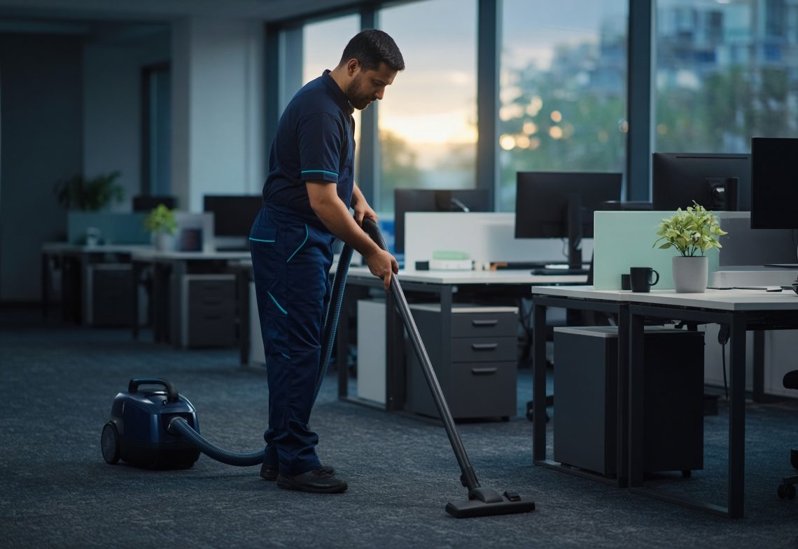 A cleaner vacuuming between desks in an open-plan office at dusk