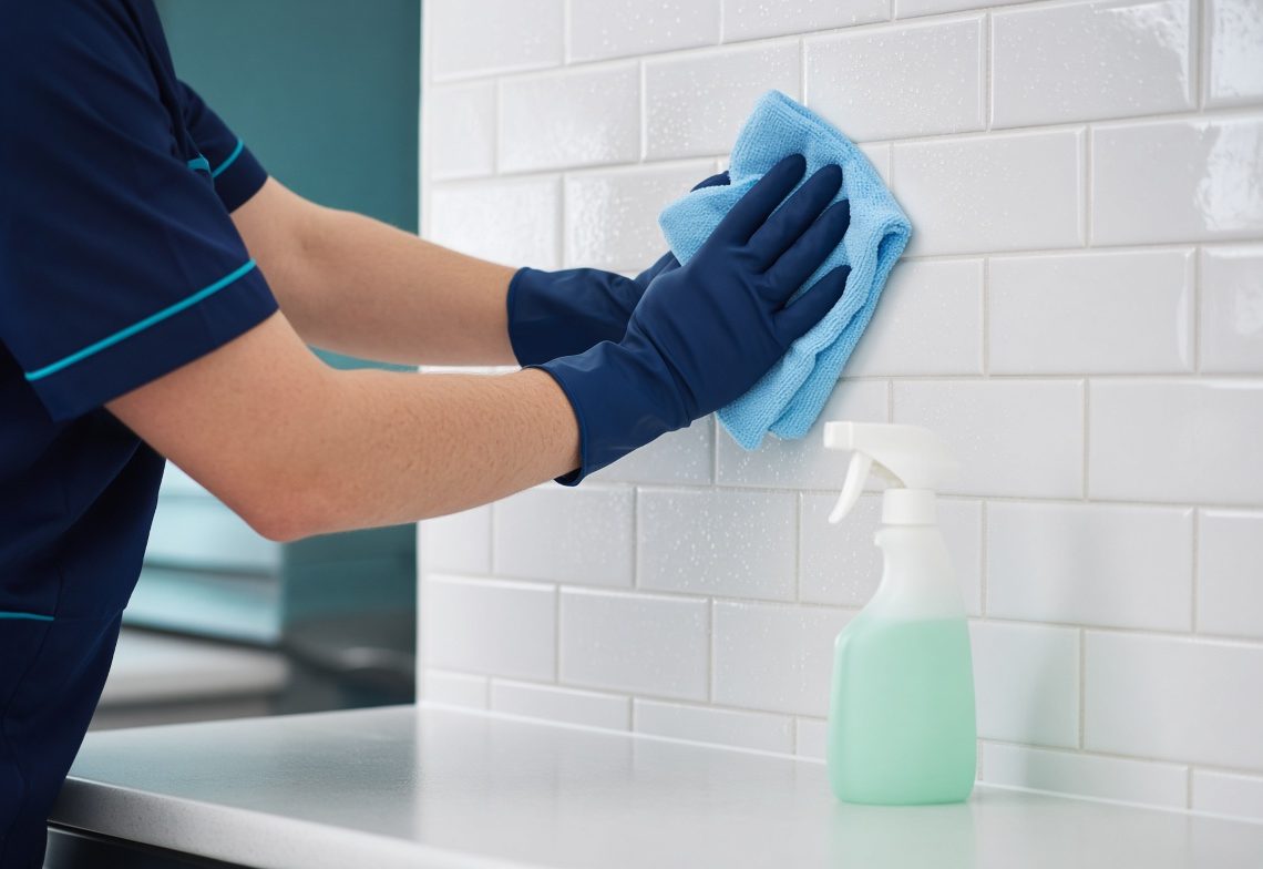 Gloved hands wiping white kitchen tiles with a microfibre cloth
