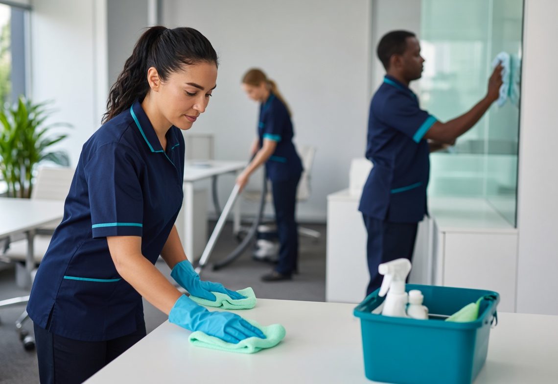 Nygon cleaners at work together in a modern office